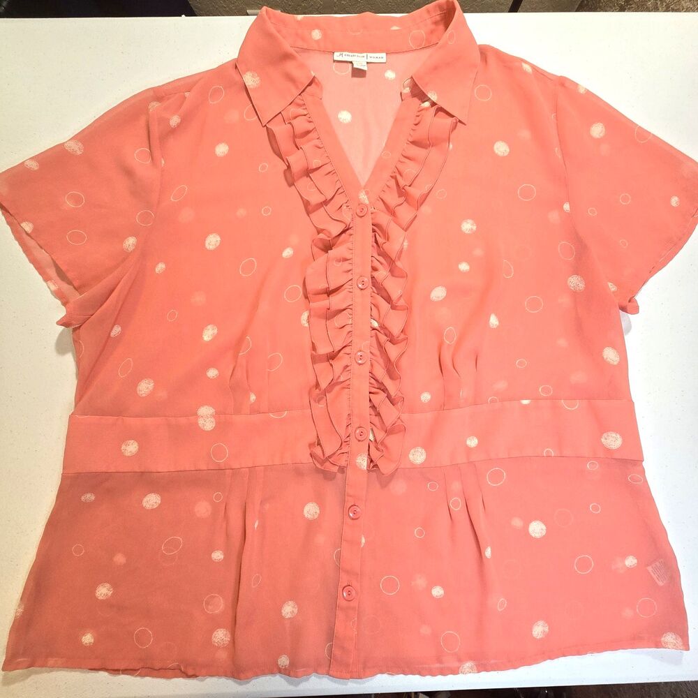 JM Collection Womens SZ 20W Ruffle Polka Dot Chiffon Blouse Peachy Color